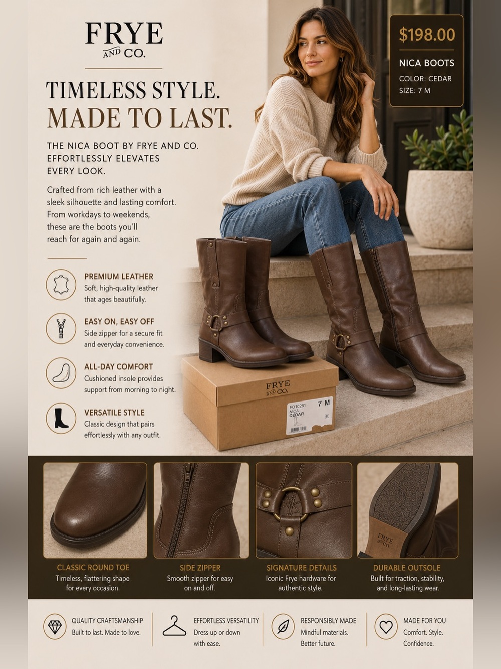 FRYE AND CO. Nica Mid-Calf Leather Boots in Cedar Brown size 7
